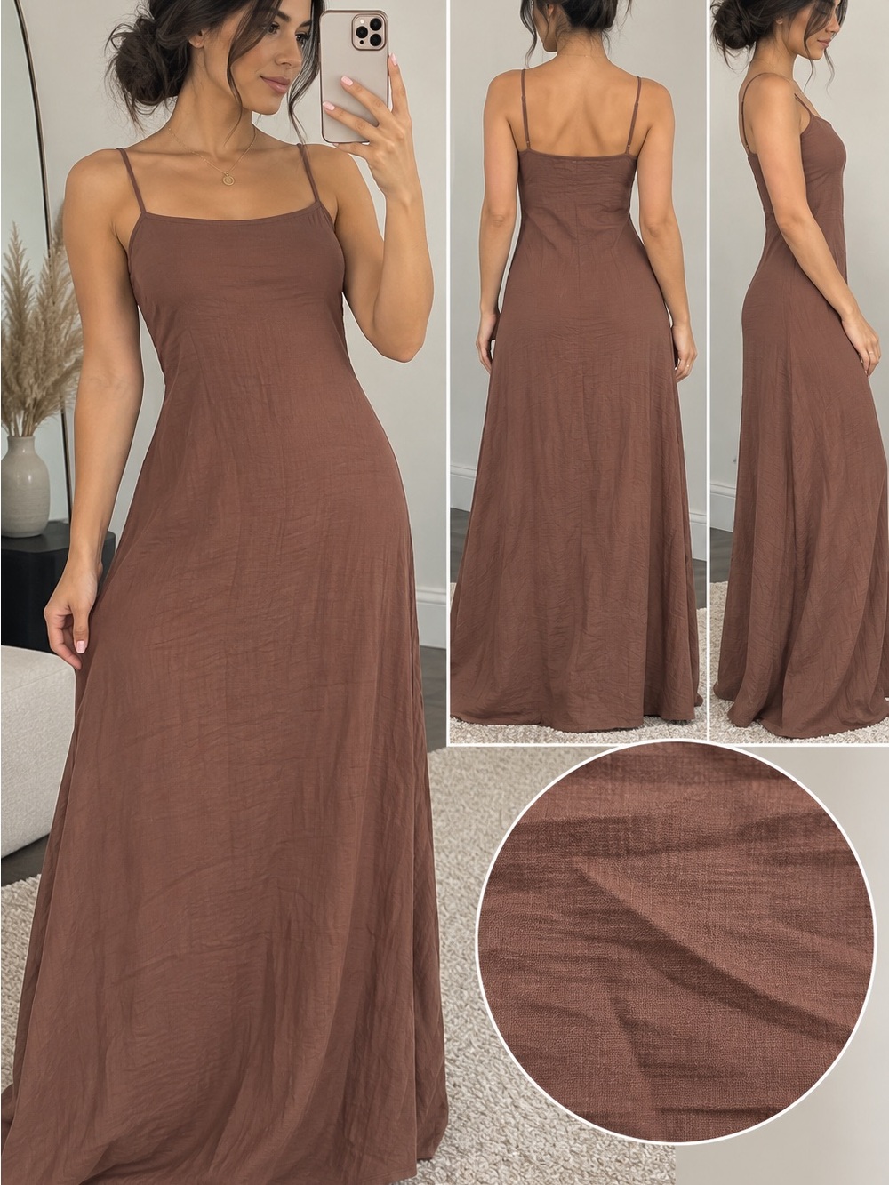 Women's Brown Spaghetti Strap Maxi Dress